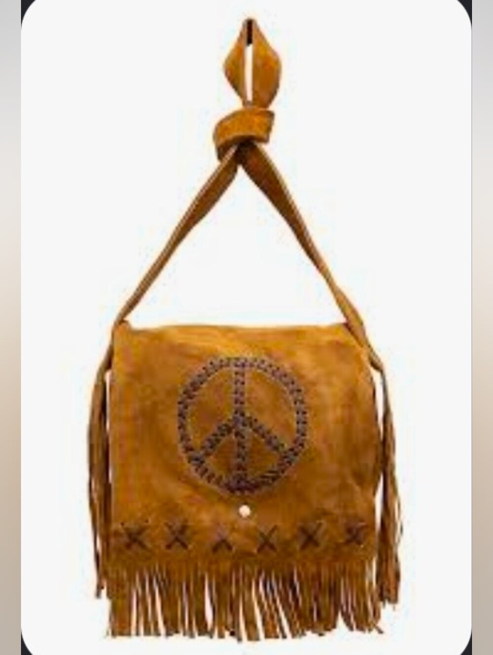 Vintage Suede Fringe Zippered Shoulder Bag with Peace Sign